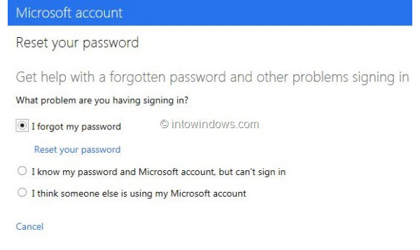 Страница сброса пароля Outlook