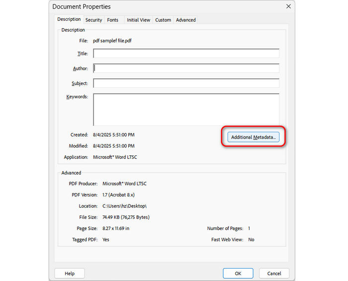 Document Properties in Acrobat