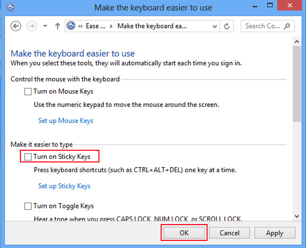 Sluk klæbende nøgler på Windows 8 / 8.1