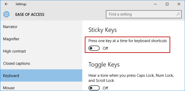 Slå av klebrig nøkler på Windows 10