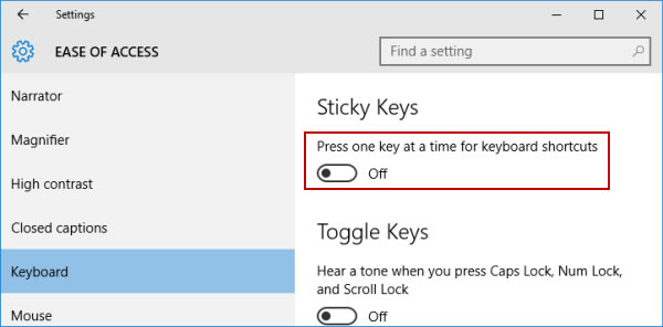 Windows 10でスティッキーキーをオフにする