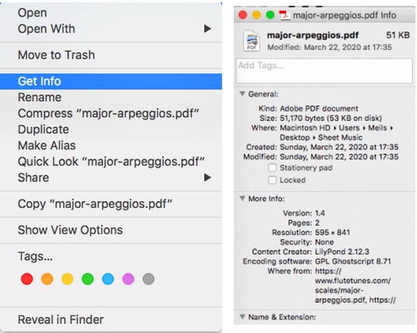 Zobrazení podrobností aplikace Mac Finder