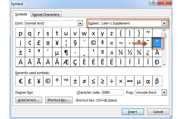 Input a Degree symbol in Word