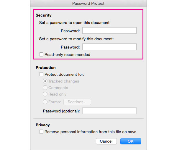 Mot de passe protège le document Word dans Word 2016 pour Mac