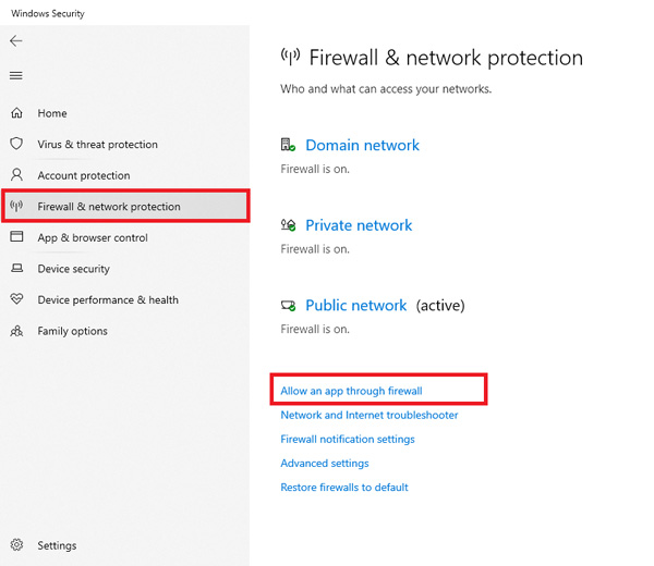 Povolte aplikaci prostřednictvím brány firewall