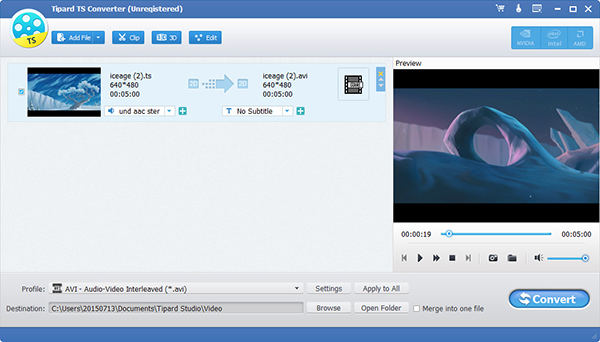 Convert TS file to any video format like MP4, MKV, AVI, WMV, MOV, M4V and so on.