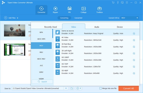 Seleziona il formato di output