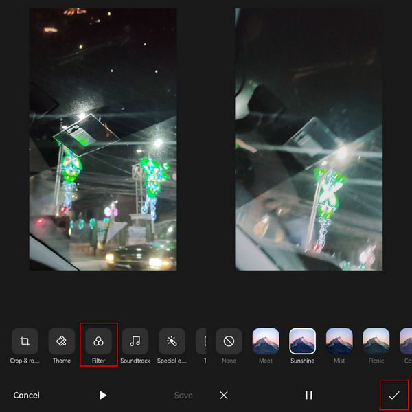 Встроенная в Android функция редактирования видео Выберите фильтр и сохраните