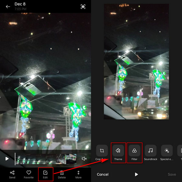 Vestavěná funkce pro úpravu videa v systému Android Vyberte možnost Upravit