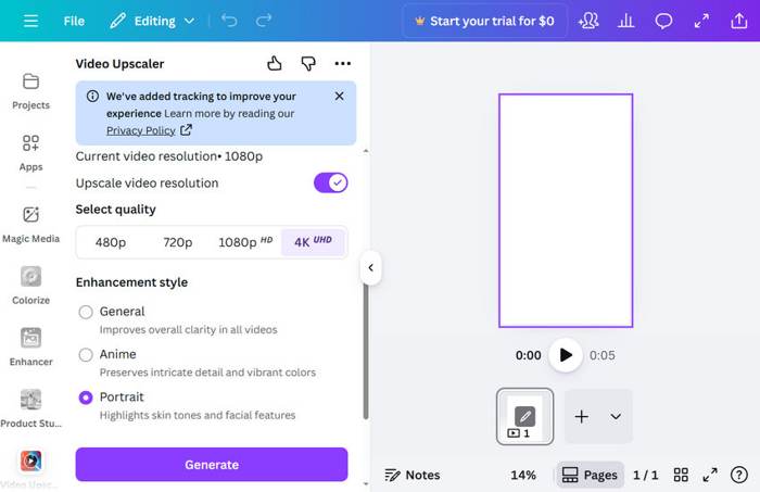 Canva Video Upscaler Generate
