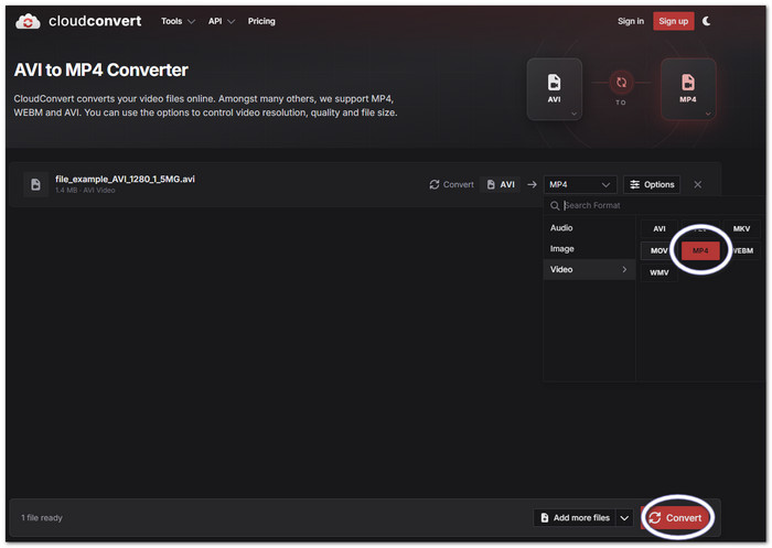 CloudConvert: Converta AVI para MP4