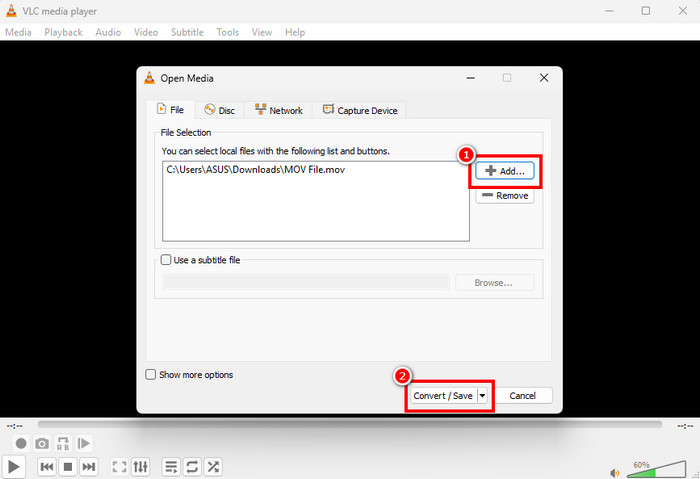 Add MOV Convert Save VLC