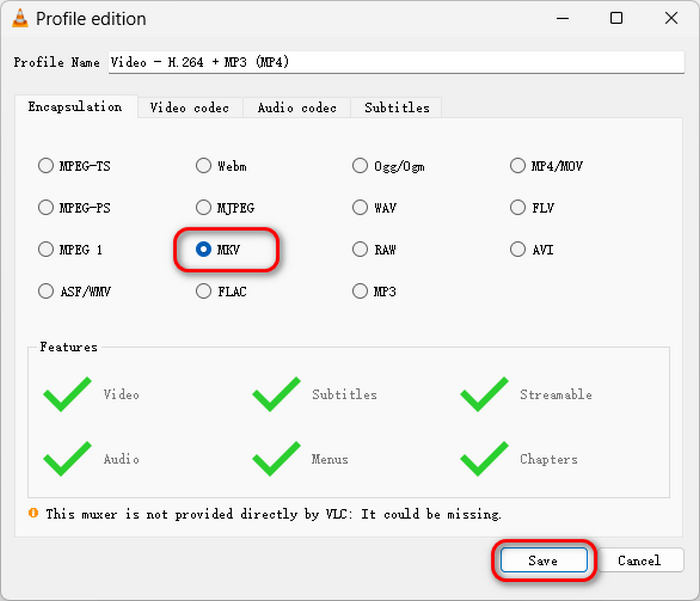 Select MKV Format in VLC