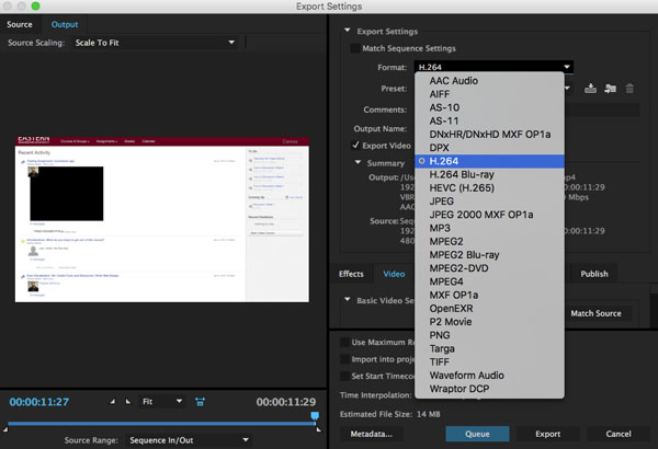 Enregistrer Adobe Premiere H264