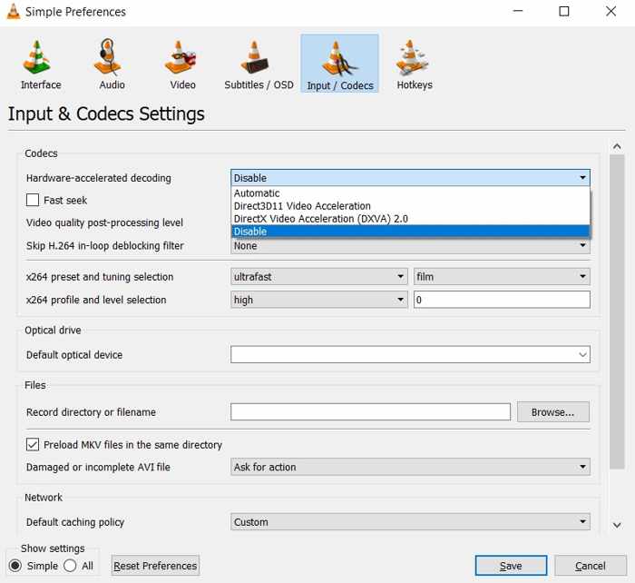 Deaktiver maskinvareakselerasjon Vlc