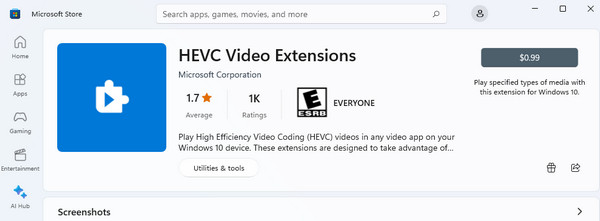 Extensão HEVC na Microsoft Store