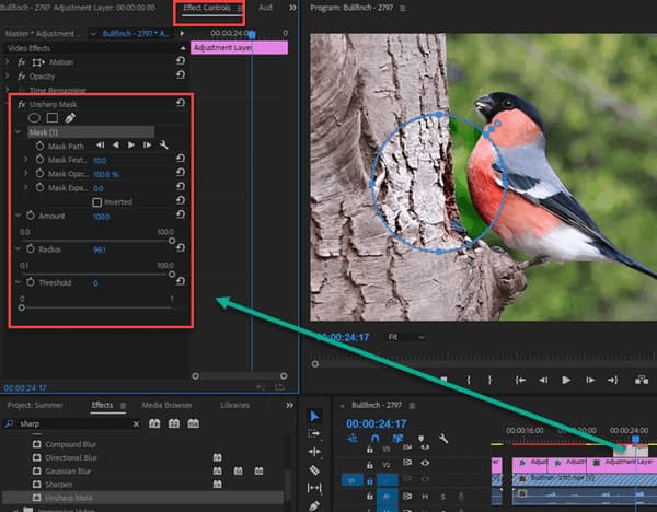 Parametry maski wyostrzającej Adobe Premiere