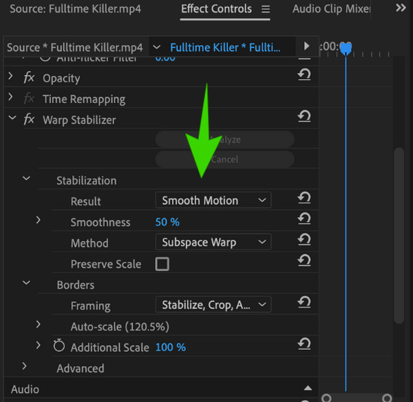 Premiere Warp Stabilizer -asetukset