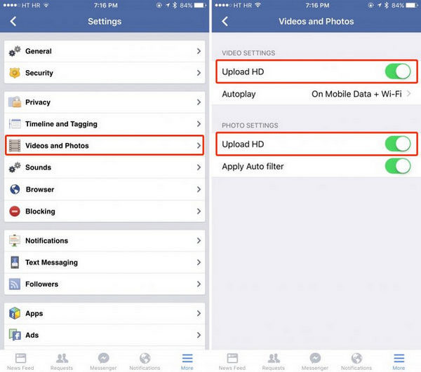 Facebook Mobile قم بتمكين التحميل عالي الدقة