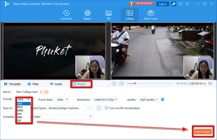 Export Output Format Start