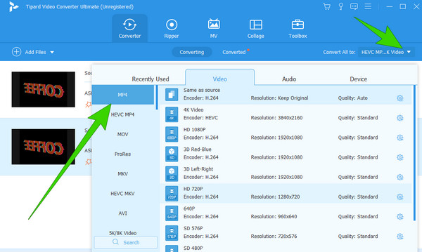 Afspil video Android Tipard Set Format