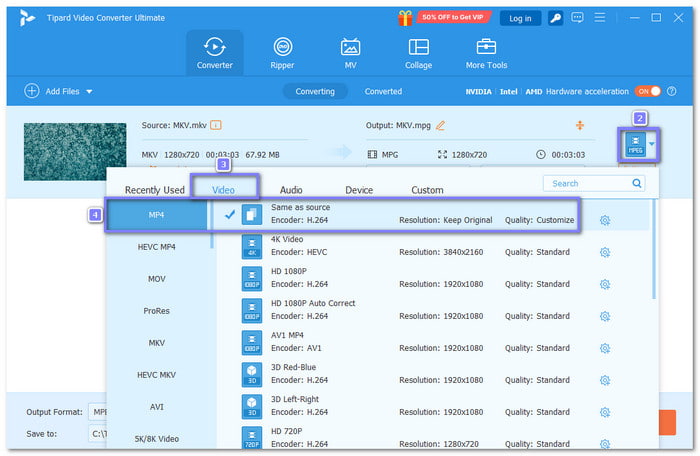 Select MP4 H 264 Format