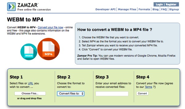 WebM til MP4 med Zamzar