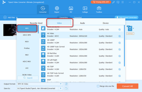 Selezionare MP4 come formato di output