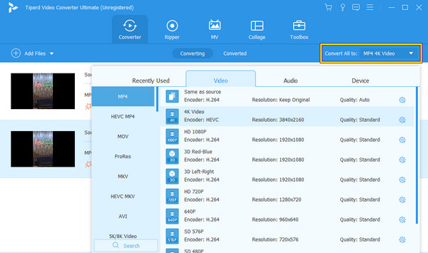 Converti processo Seleziona output