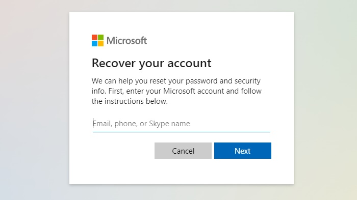 Page de récupération de compte Microsoft