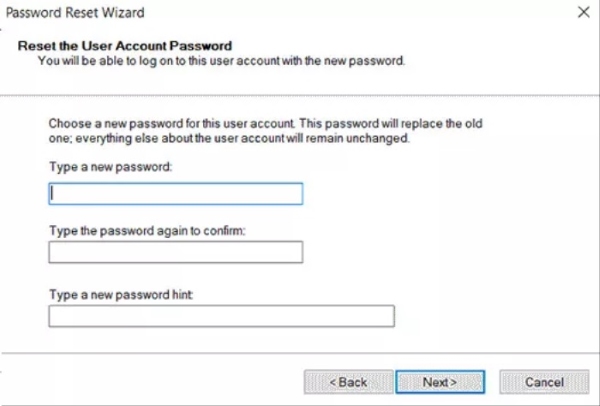 Schermata della procedura guidata di reimpostazione della password