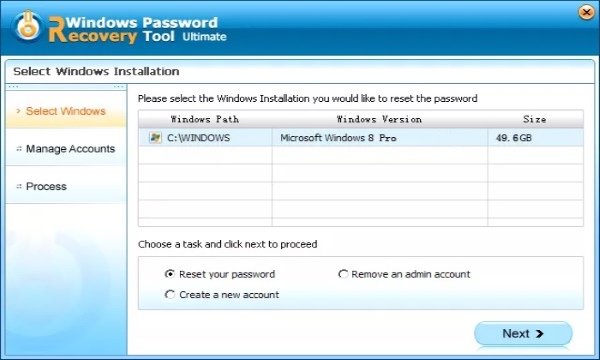 Interfaccia dello strumento di recupero password di Windows